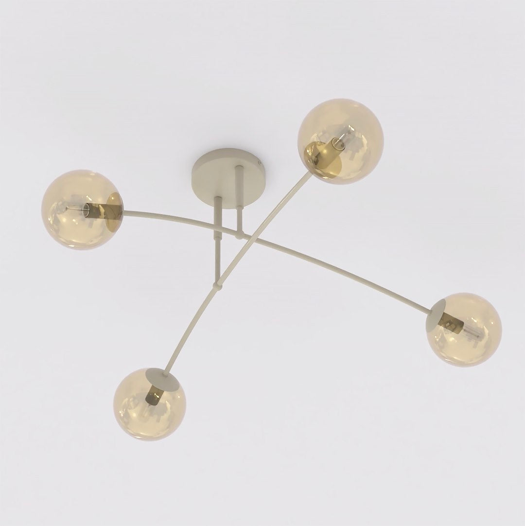 Plafondlamp gepoedercoat staal en glas Pregos, modern, beige met amber kappen, 4 lichtpunten – 60 x 60 cm, woonkamer