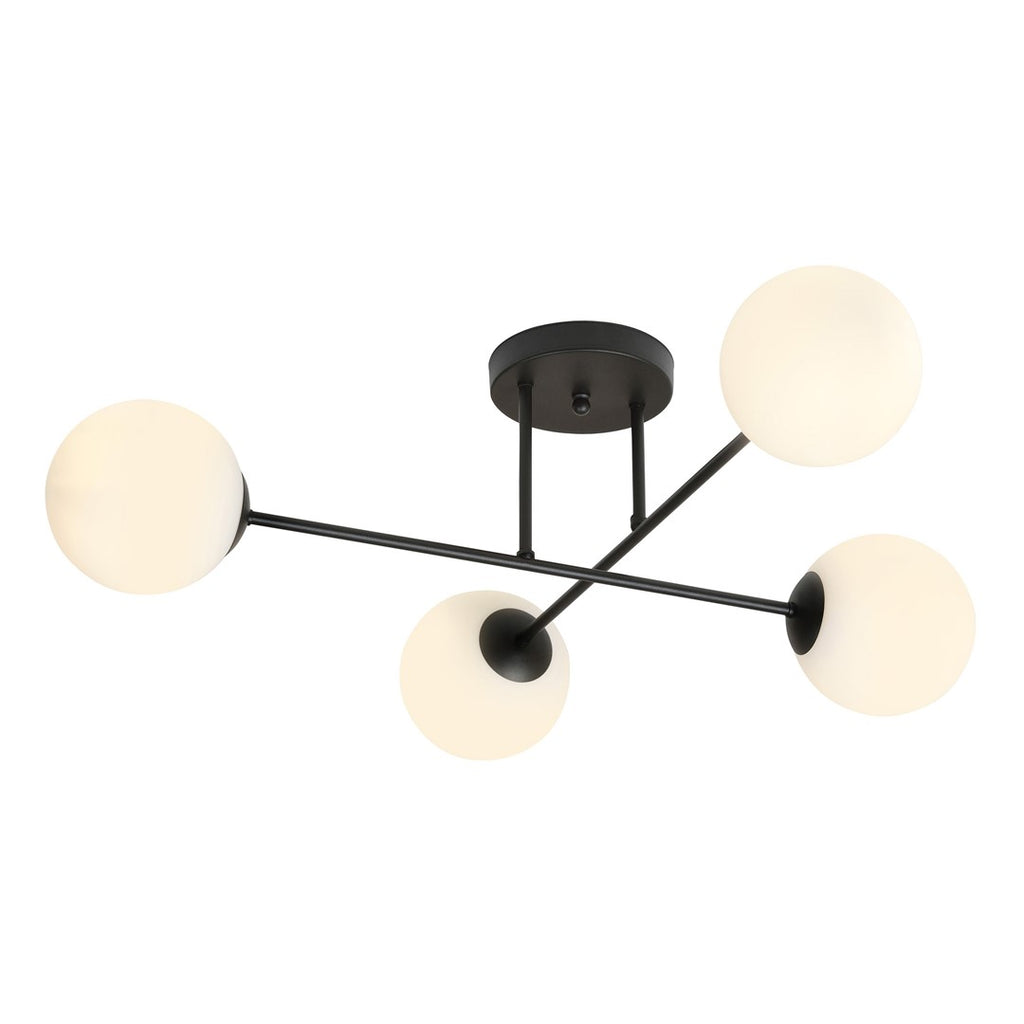 Plafondlamp 4-lichts gepoedercoat staal en glas, modern, zwart met witte kappen, E14 – woonkamer, eetkamer