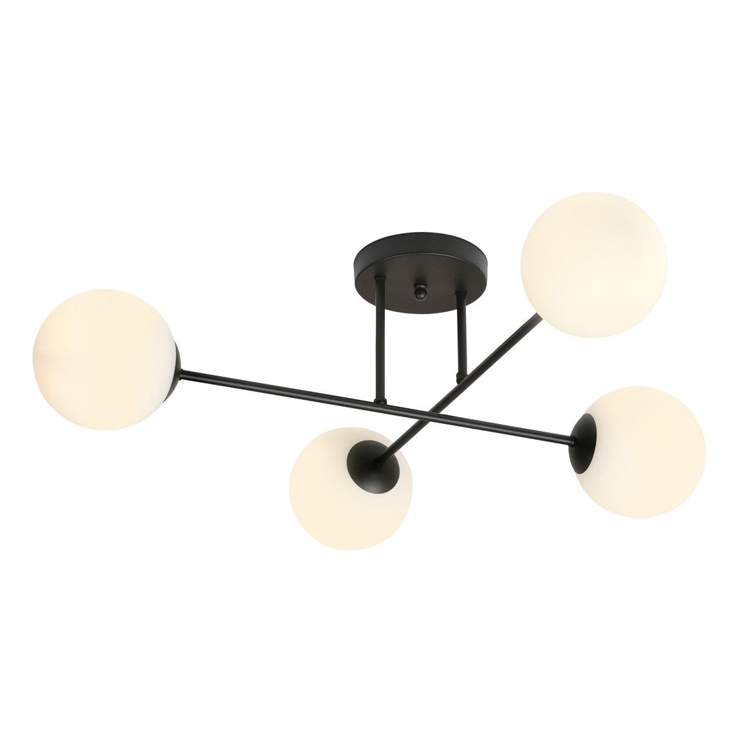 Plafondlamp 4-lichts gepoedercoat staal en glas, modern, zwart met witte kappen, E14 – woonkamer, eetkamer