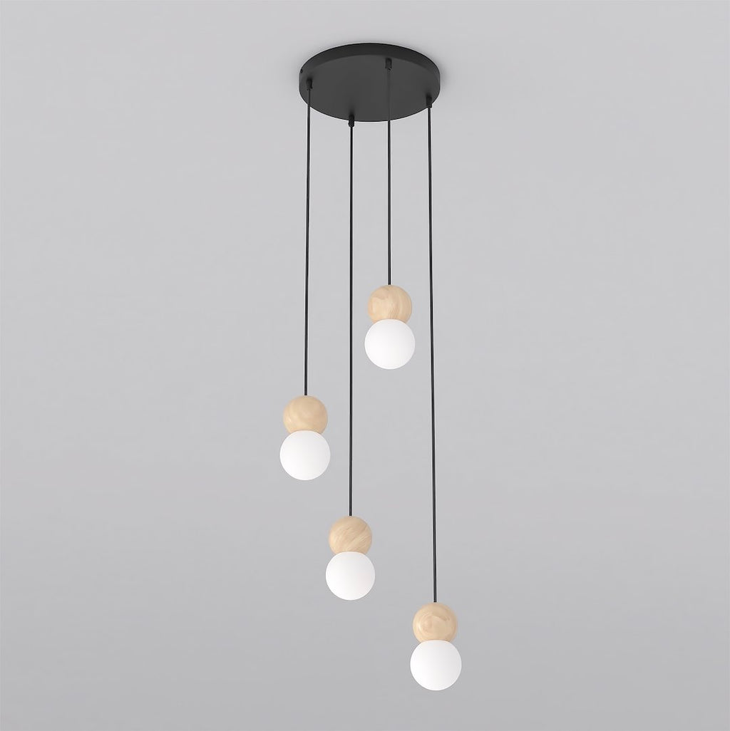 Hanglamp gepoedercoat staal en hout Scandinavisch Loop zwart, 4 fittingen, witte kap Ø 10 cm