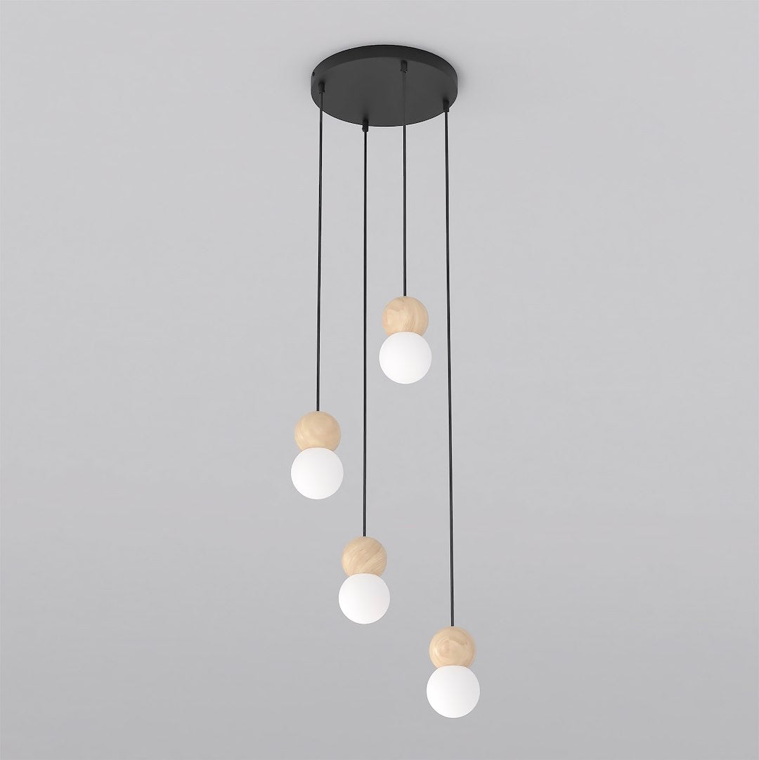 Hanglamp gepoedercoat staal en hout Scandinavisch Loop zwart, 4 fittingen, witte kap Ø 10 cm