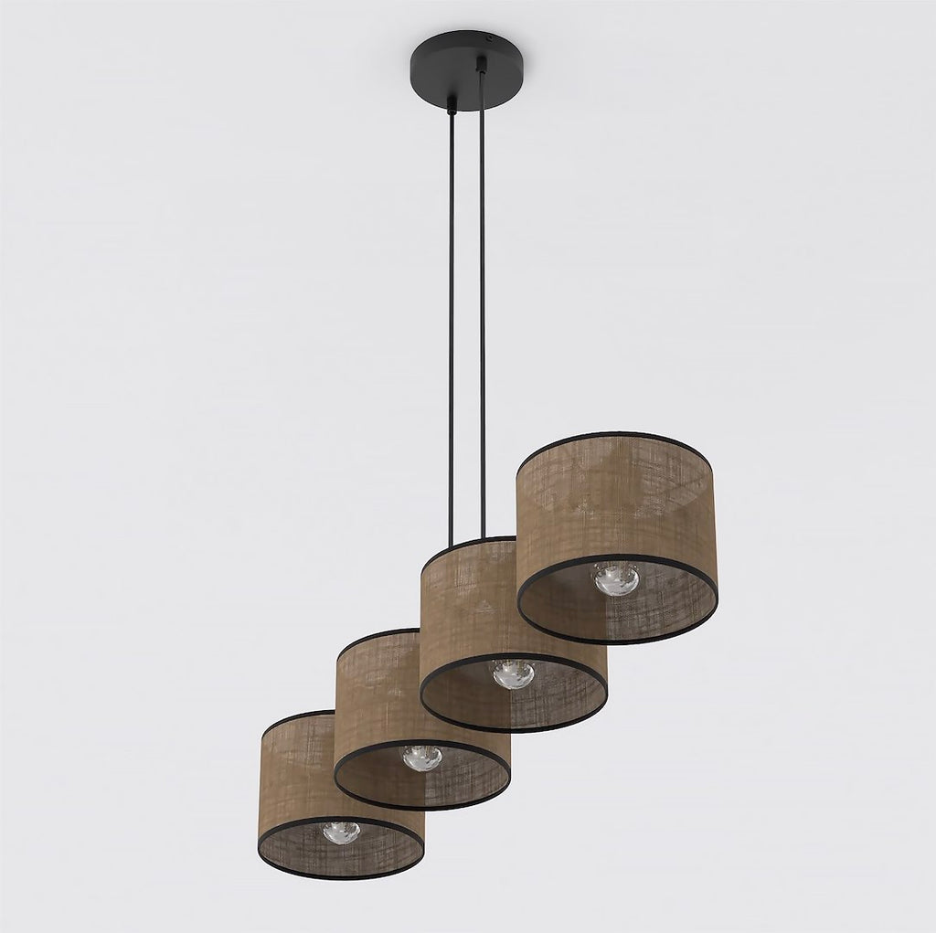 Hanglamp gepoedercoat staal met stoffen kap bruin, 4 fittingen, minimalistisch, 96 x 20 cm, voor eettafel en kookeiland
