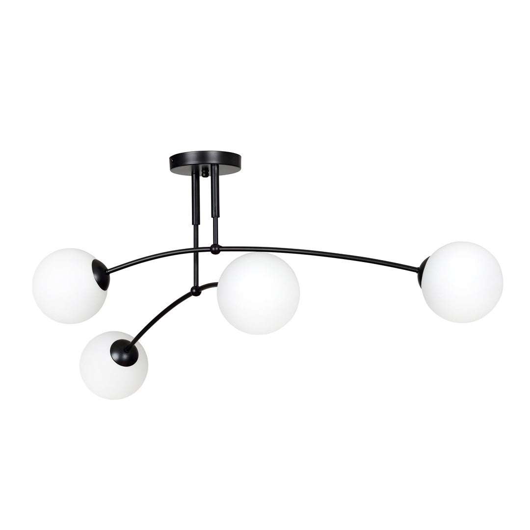Plafondlamp gepoedercoat staal modern zwart met 4 witte glazen kappen, E14, 60 x 60 x 30 cm, eettafel of keukeneiland