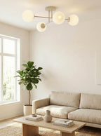 Plafondlamp gepoedercoat staal en glas Roma modern, beige met witte glazen kappen, 4 x E14, 55 cm
