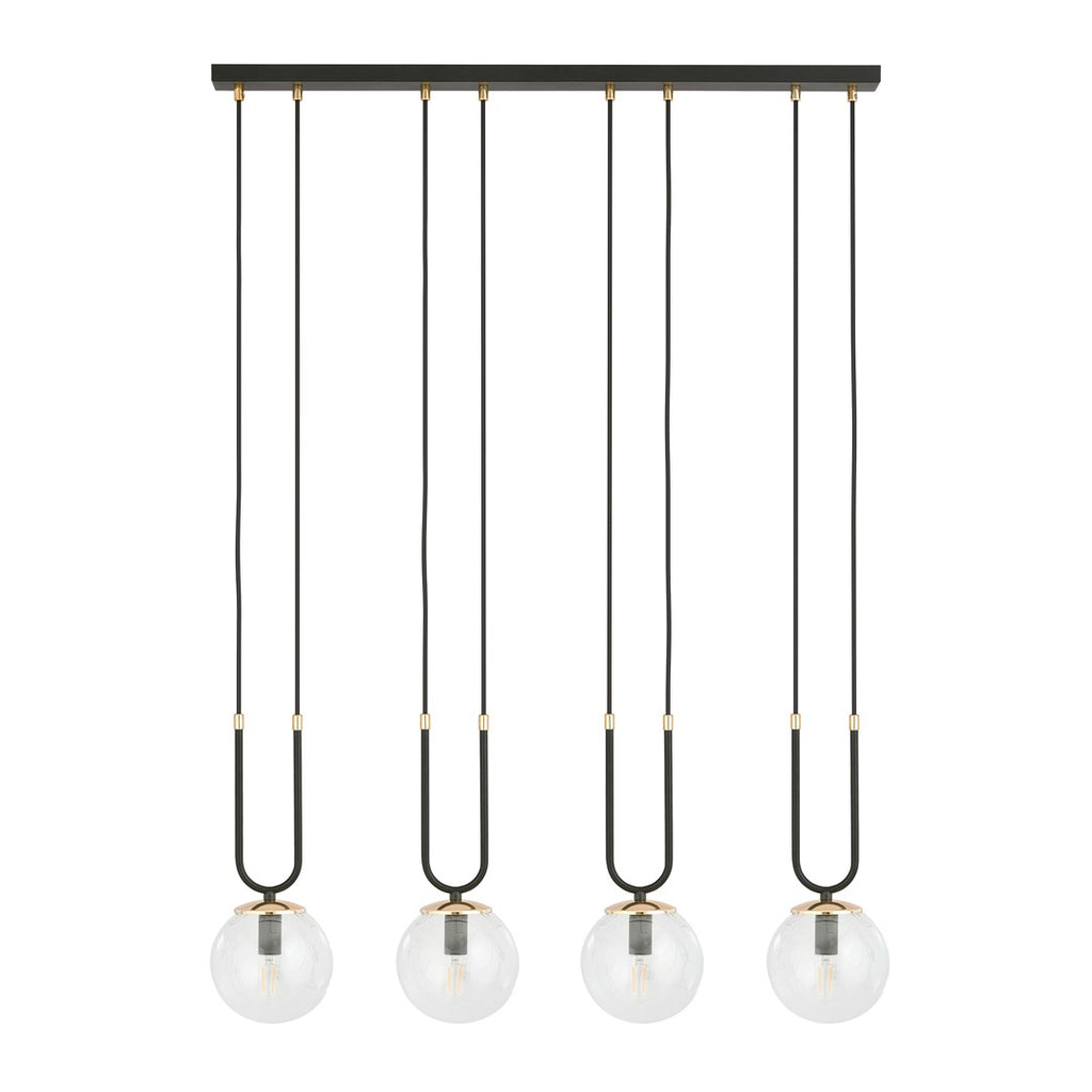 Hanglamp 4 lichtpunten gepoedercoat staal en glas, retro Glam, zwart met transparante kappen, 92 x 115 cm