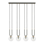 Hanglamp 4 lichtpunten gepoedercoat staal en glas, retro Glam, zwart met transparante kappen, 92 x 115 cm