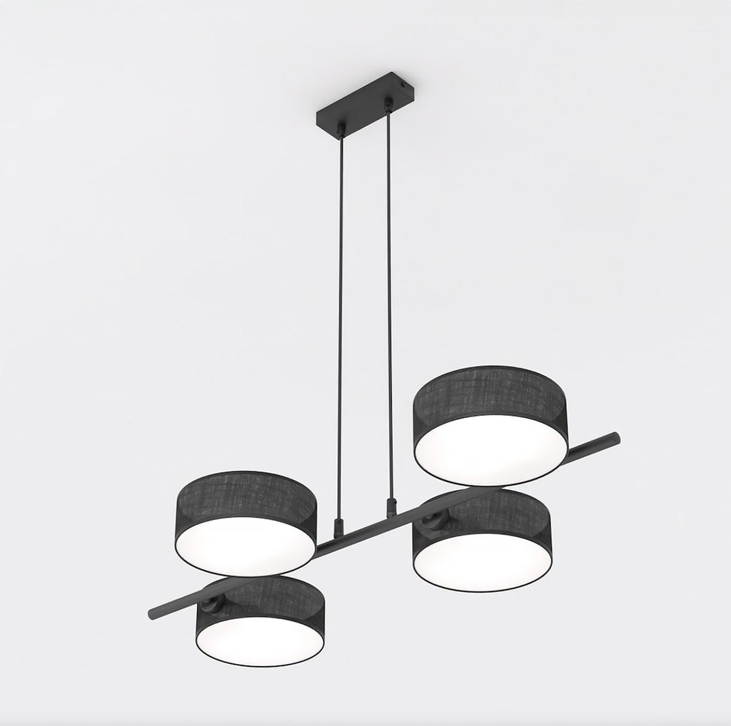 Hanglamp gepoedercoat staal Japandi zwart, 4 lampen met gevlochten kappen Ø 20 cm, boven eettafel of kookeiland