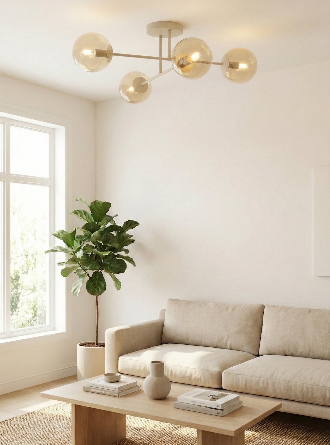 Plafondlamp gepoedercoat staal en glas Roma, beige met amber glazen kappen, 4 lichts, 55 cm breed, woonkamer
