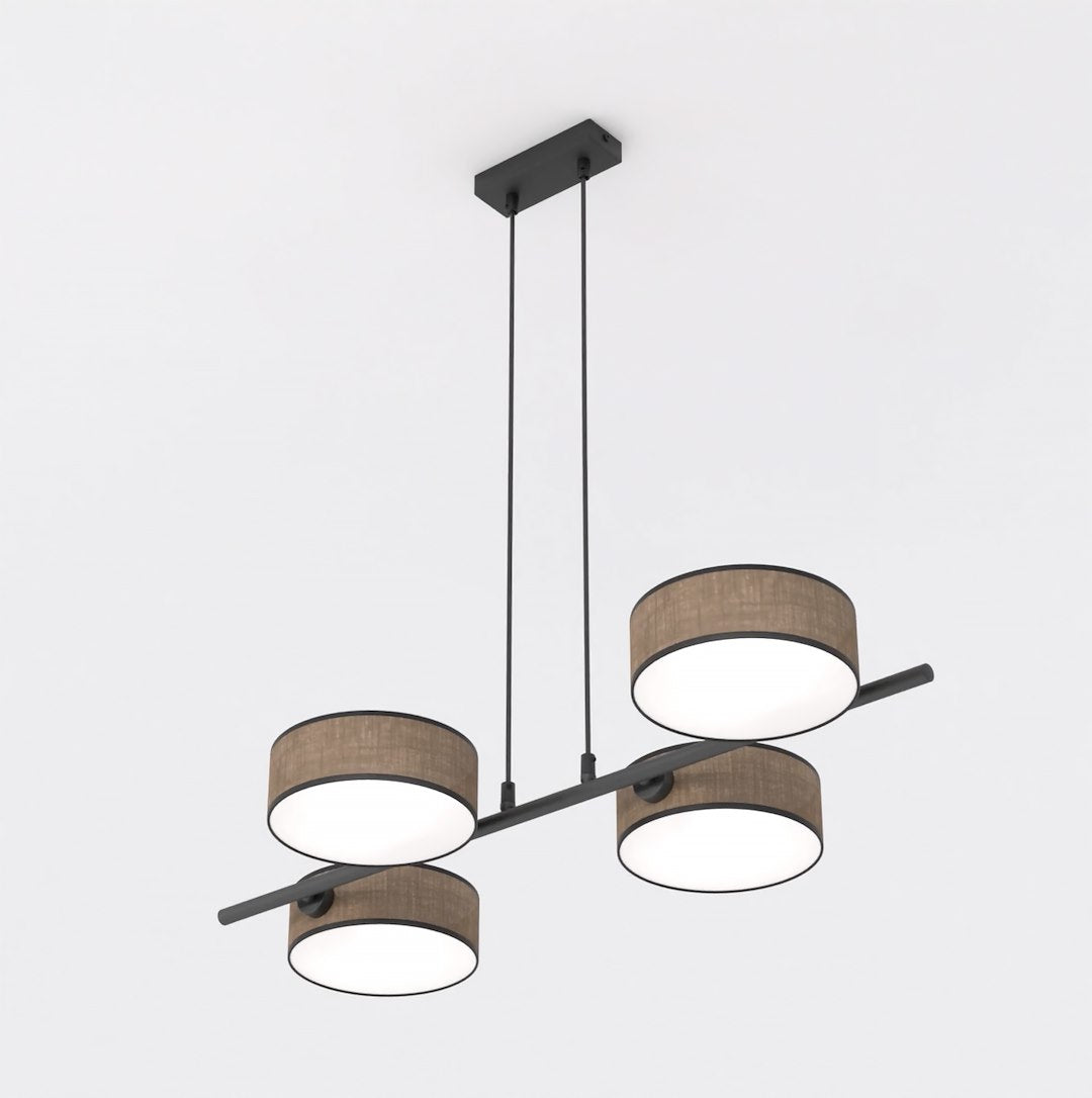 Hanglamp lineair gepoedercoat staal Japandi Drumz 4 bruin zwart, 4 kappen Ø 20 cm, eettafel en keukeneiland