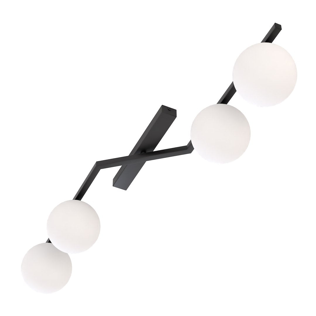 Plafondlamp gepoedercoat staal Naton modern zwart met 4 matte witte bolkappen, 100 x 32 x 20 cm, woonkamer, eetkamer en hal