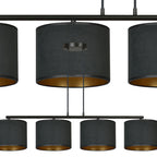 Hanglamp gepoedercoat staal en stof Hilde zwart met gouden binnenkant, 4 kappen Ø 20 cm, eettafel