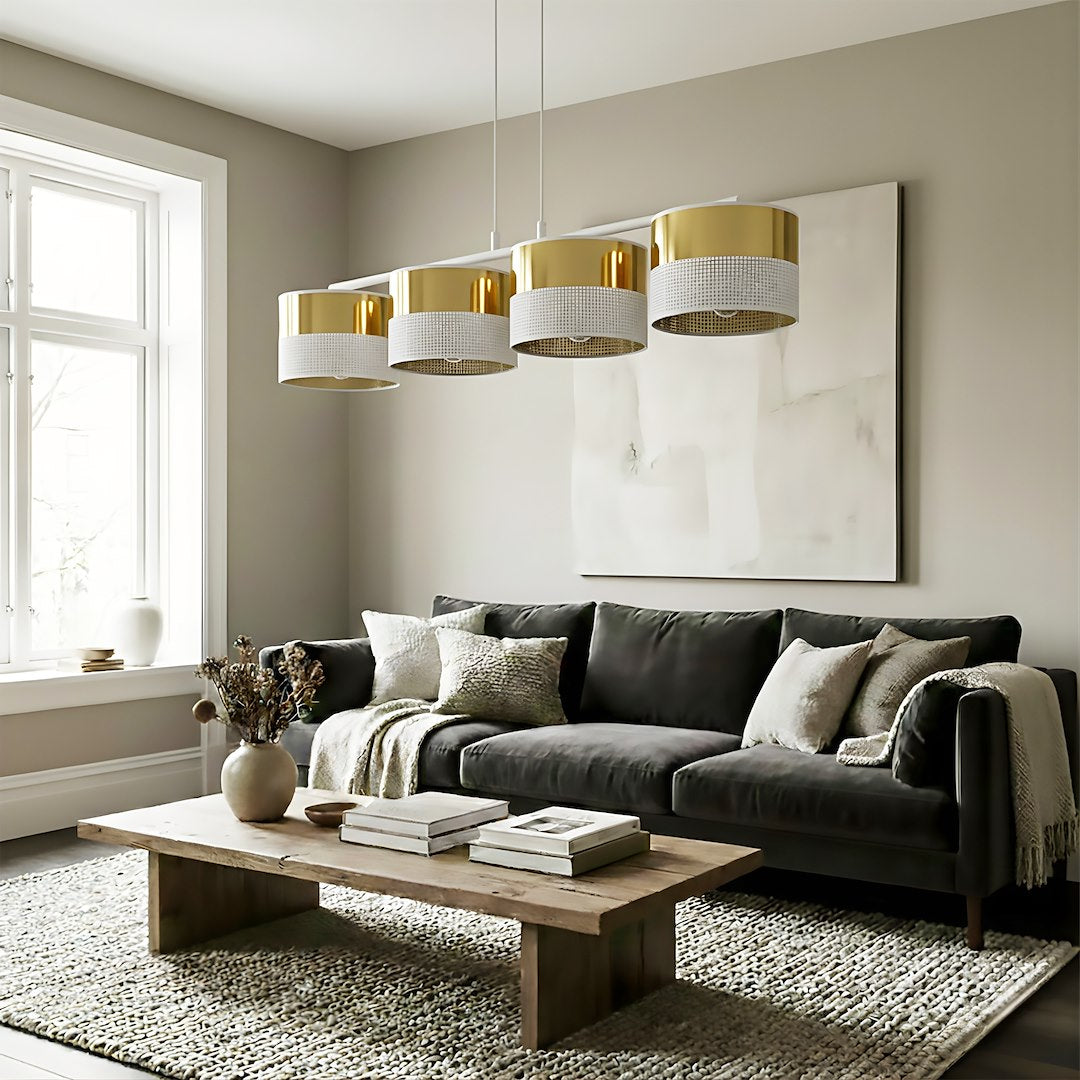 Hanglamp gepoedercoat staal Lux modern wit en goud, 4 fittingen E27, breedte 96 cm, voor eettafel of kookeiland