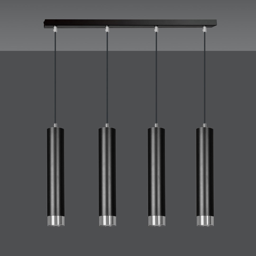 Hanglamp 4-lichts gepoedercoat staal Kibo, zwart met chroom, 60 cm breed, hoogte verstelbaar, eettafel en keuken