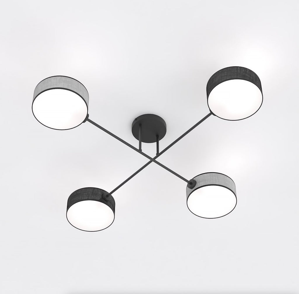 Plafondlamp gepoedercoat staal Japandi zwart en grijs, 4 lichtpunten 96 x 96 cm, voor woonkamer en slaapkamer