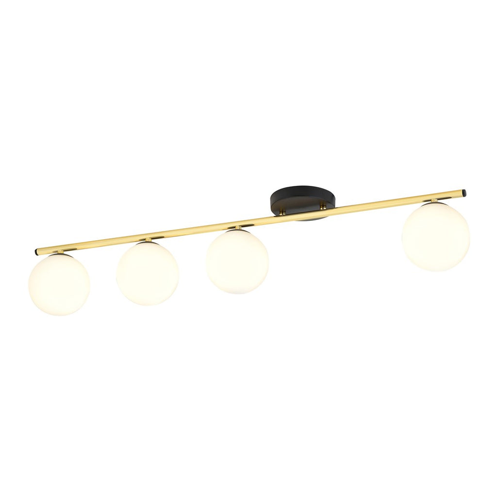 Plafondlamp gepoedercoat staal en glas Monza 4 lichts, zwart en goud met witte kappen, 100 cm