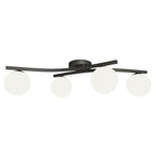 Plafondlamp zwart gepoedercoat staal met 4 witte glazen kappen, modern, E14 – woonkamer, eetkamer en slaapkamer