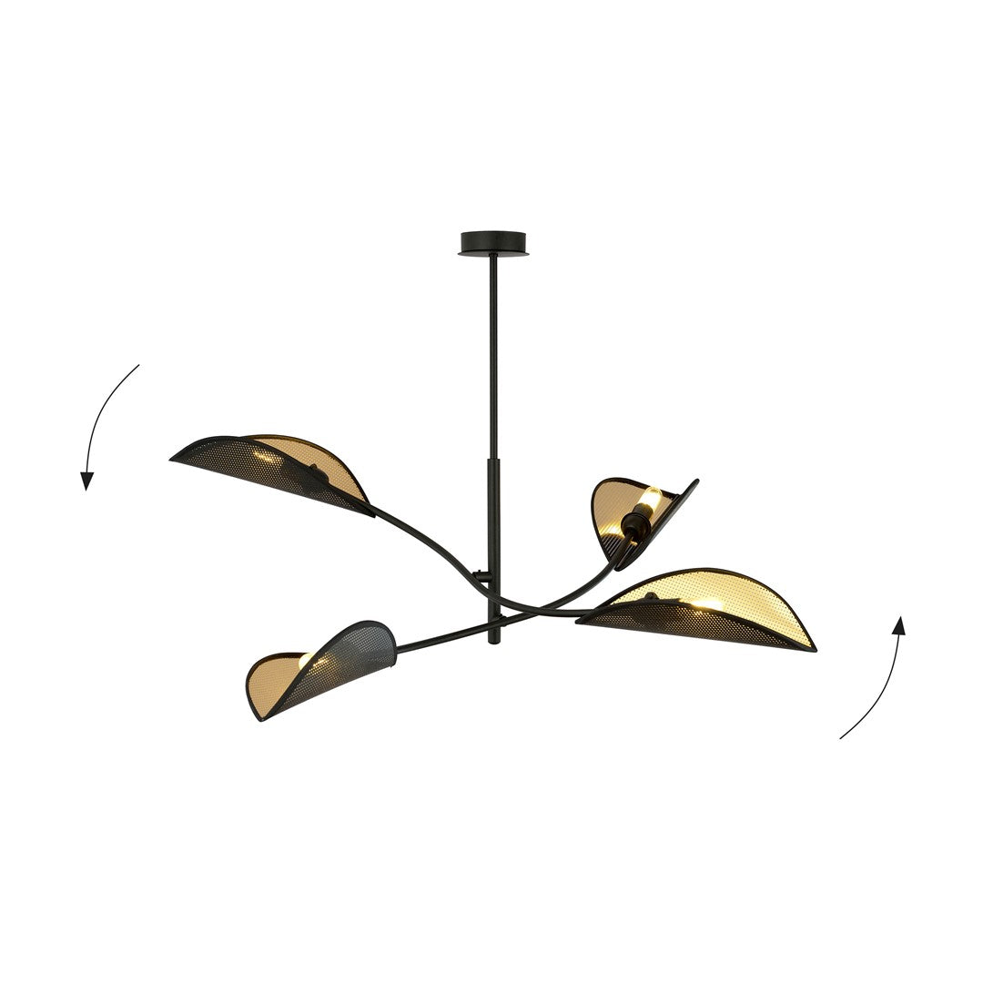 Plafondlamp gepoedercoat staal modern Lotus zwart goud, 4 lichtpunten, 102 x 51 cm, woonkamer en slaapkamer