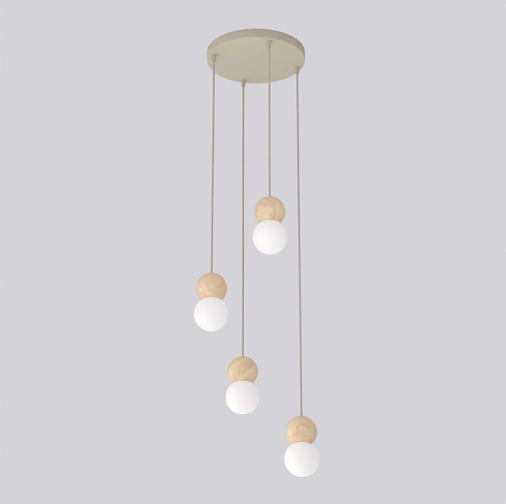 Hanglamp staal en hout Scandinavisch Loop beige, witte kappen, 4 lichts G9, verstelbare hoogte