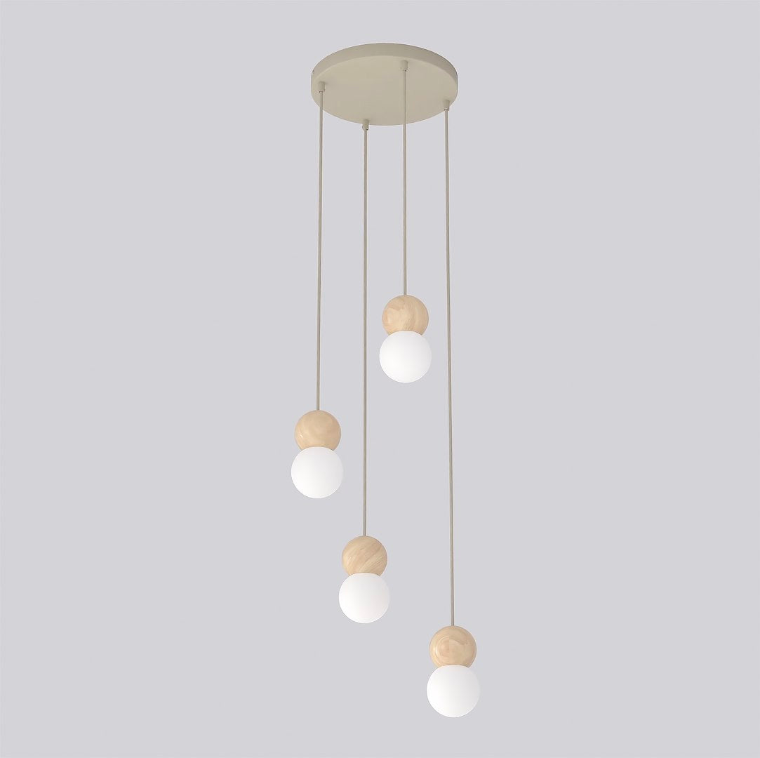 Hanglamp staal en hout Scandinavisch Loop beige, witte kappen, 4 lichts G9, verstelbare hoogte