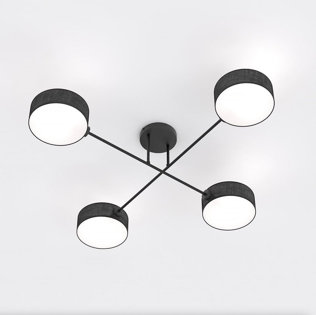 Plafondlamp staal Japandi Maga zwart met 4 geweven kappen, 96 x 96 cm, woonkamer, eetkamer en slaapkamer