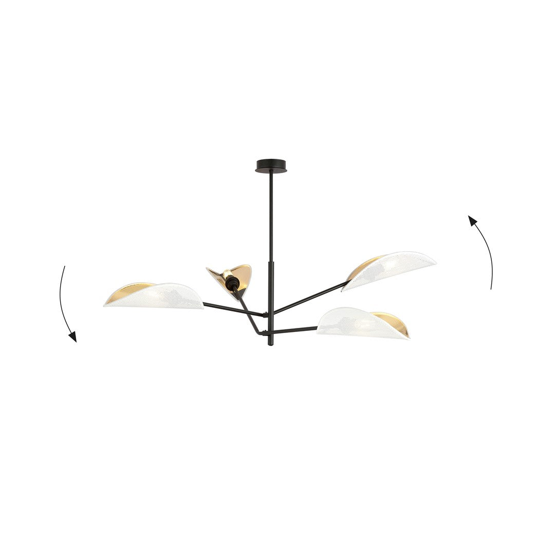Plafondlamp gepoedercoat staal, modern, Vene zwart met wit en gouden kappen, 4 lichts, 102 x 51 cm, woonkamer en slaapkamer