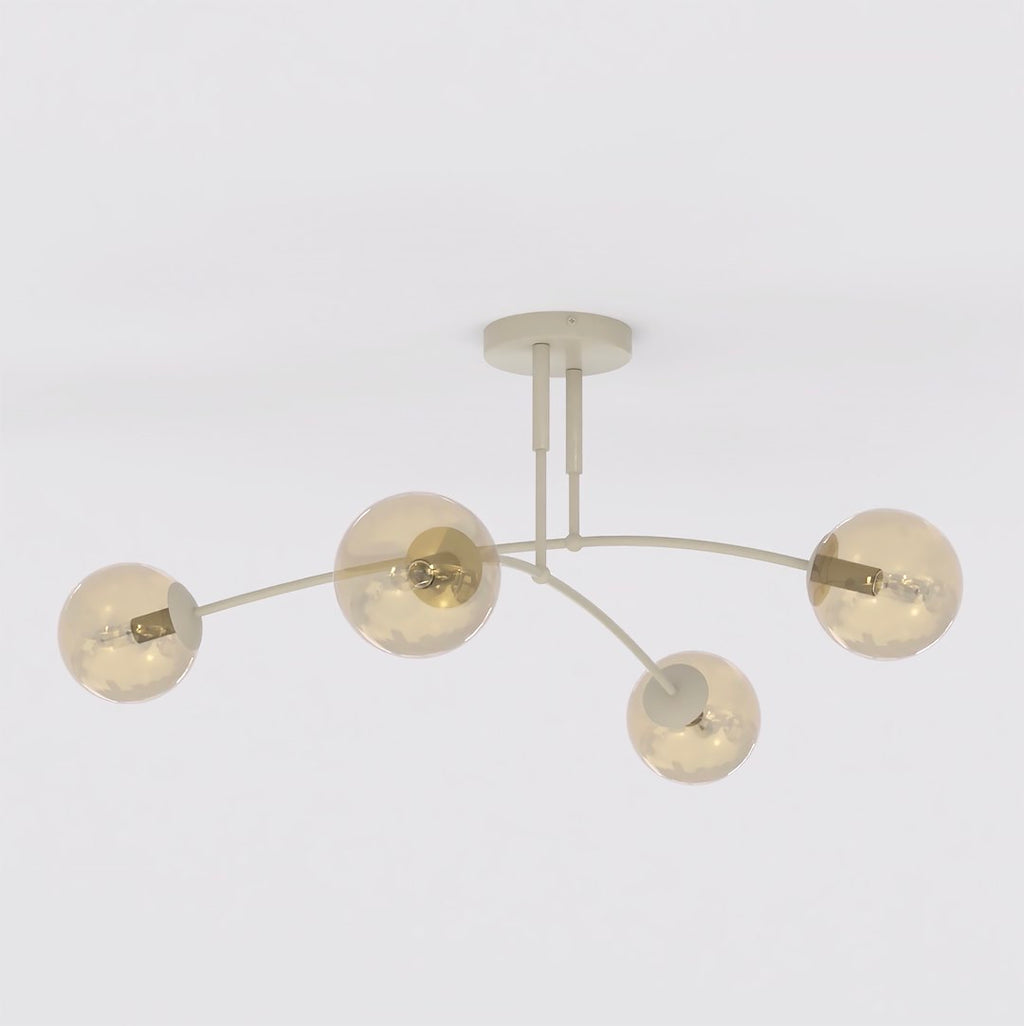 Plafondlamp gepoedercoat staal en glas Pregos, modern, beige met amber kappen, 4 lichtpunten – 60 x 60 cm, woonkamer