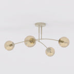 Plafondlamp gepoedercoat staal en glas Pregos, modern, beige met amber kappen, 4 lichtpunten – 60 x 60 cm, woonkamer