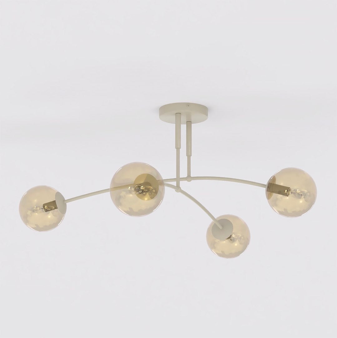 Plafondlamp gepoedercoat staal en glas Pregos, modern, beige met amber kappen, 4 lichtpunten – 60 x 60 cm, woonkamer