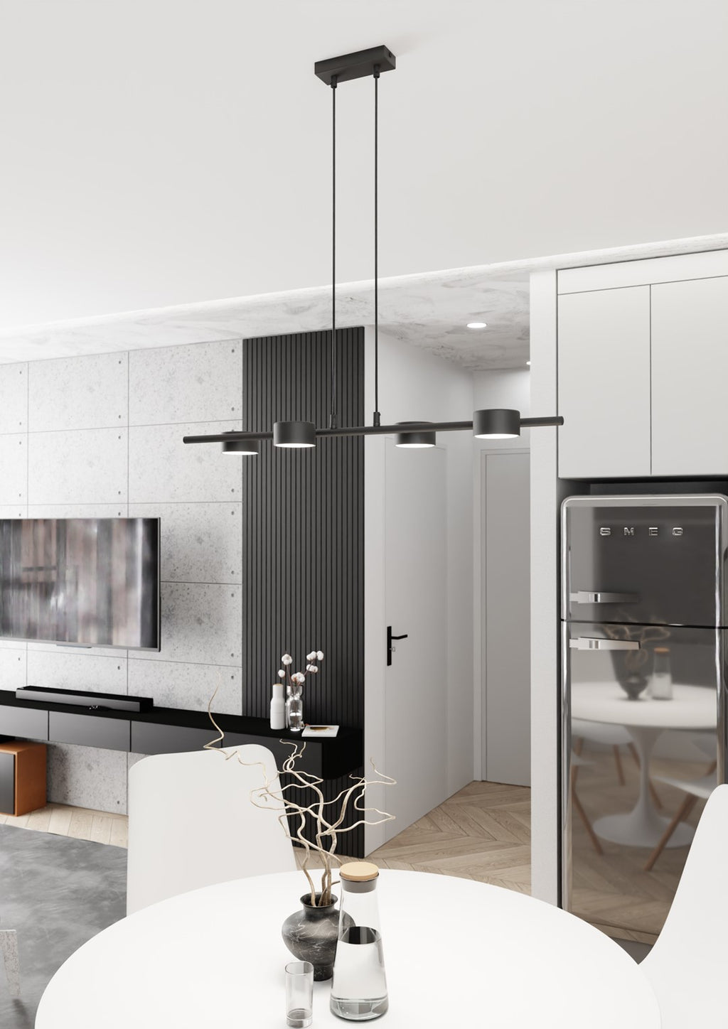 Hanglamp gepoedercoat staal modern Sora, zwart, 80 x 19 x 140 cm, 4 lichtpunten voor eetkamer, keuken en kantoor