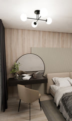 Plafondlamp 4-lichts gepoedercoat staal en glas, modern, zwart met witte kappen, E14 – woonkamer, eetkamer