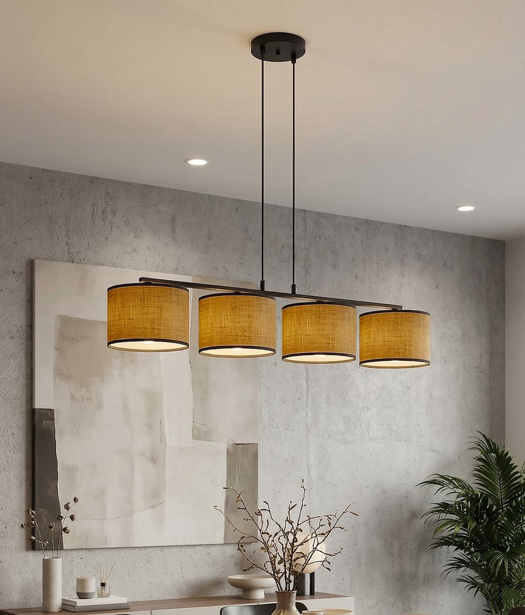 Hanglamp gepoedercoat staal met stoffen kap bruin, 4 fittingen, minimalistisch, 96 x 20 cm, voor eettafel en kookeiland