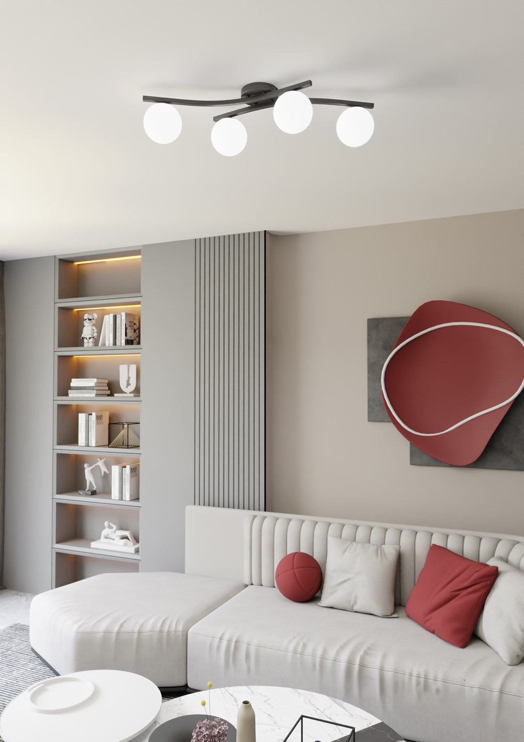 Plafondlamp zwart gepoedercoat staal met 4 witte glazen kappen, modern, E14 – woonkamer, eetkamer en slaapkamer