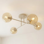 Plafondlamp gepoedercoat staal en glas Roma, beige met amber glazen kappen, 4 lichts, 55 cm breed, woonkamer