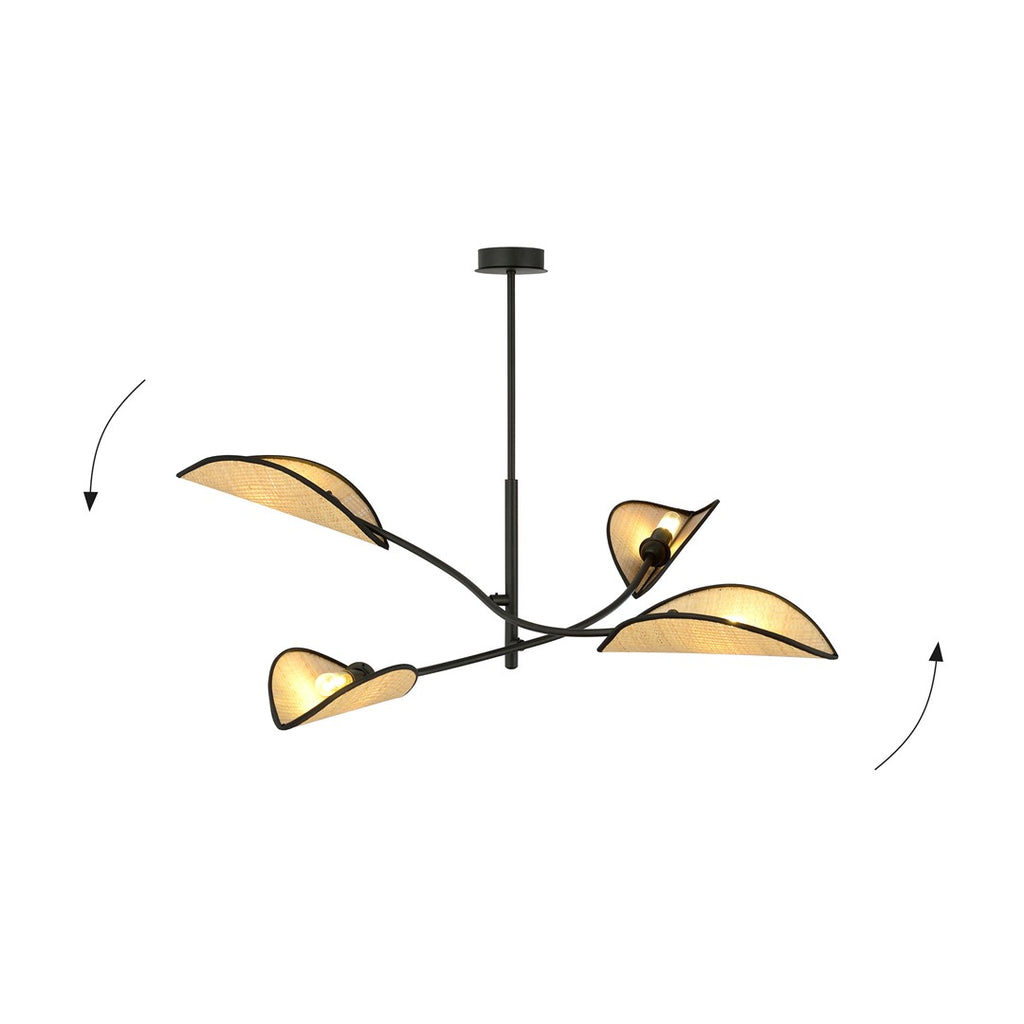 Plafondlamp Lotus gepoedercoat staal en rotan, boho, zwart met naturel kappen, 4 lichtpunten, 102 x 51 cm