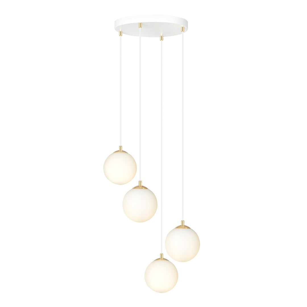 Hanglamp gepoedercoat staal en glas, retro, wit met goud, 4 lichts, 40 x 100 cm, voor keuken en eetkamer