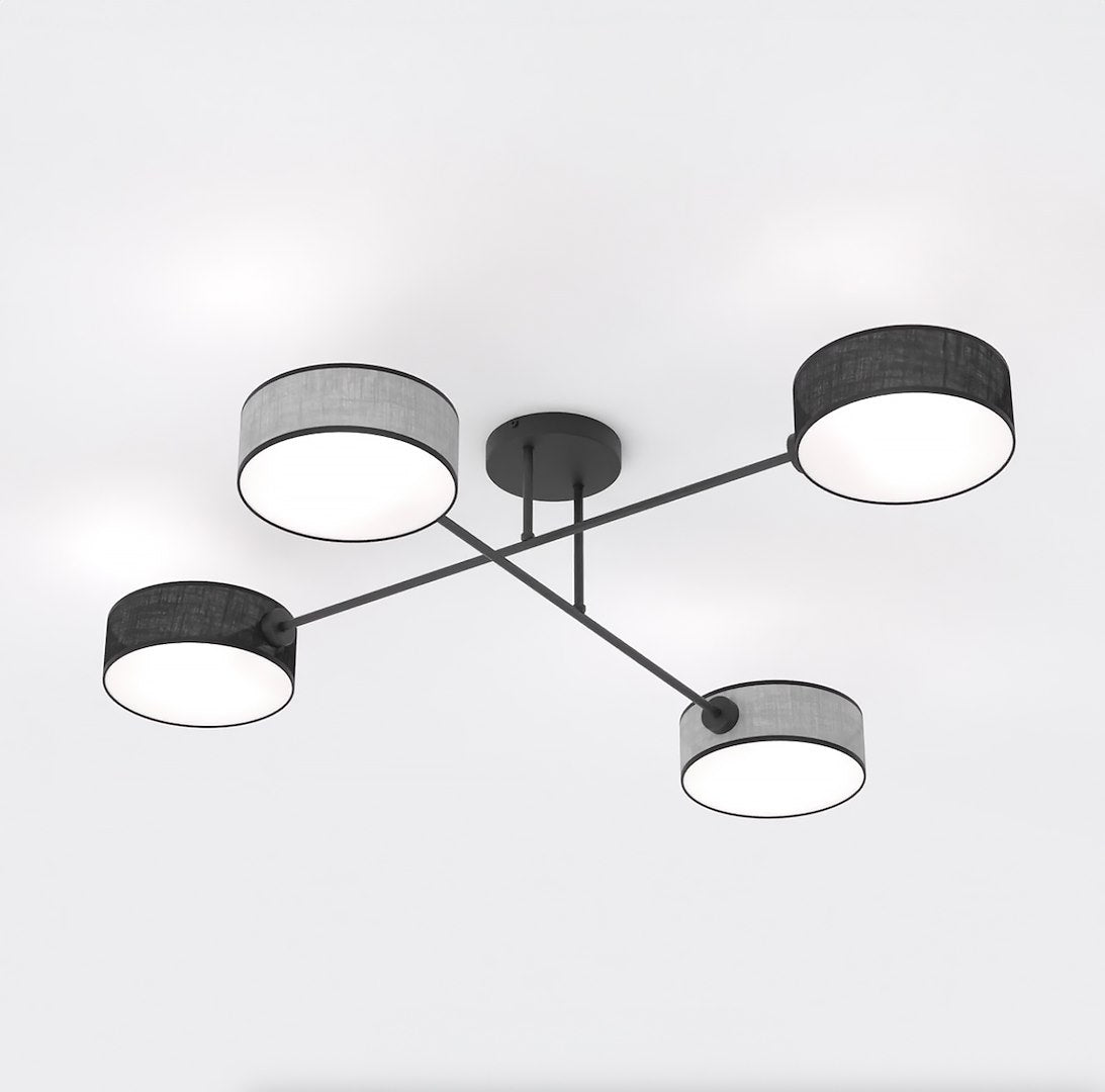 Plafondlamp gepoedercoat staal Japandi zwart en grijs, 4 lichtpunten 96 x 96 cm, voor woonkamer en slaapkamer