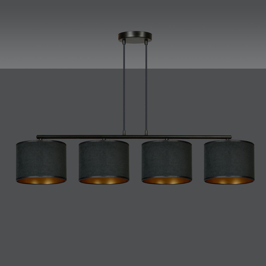 Hanglamp gepoedercoat staal en stof Hilde zwart met gouden binnenkant, 4 kappen Ø 20 cm, eettafel