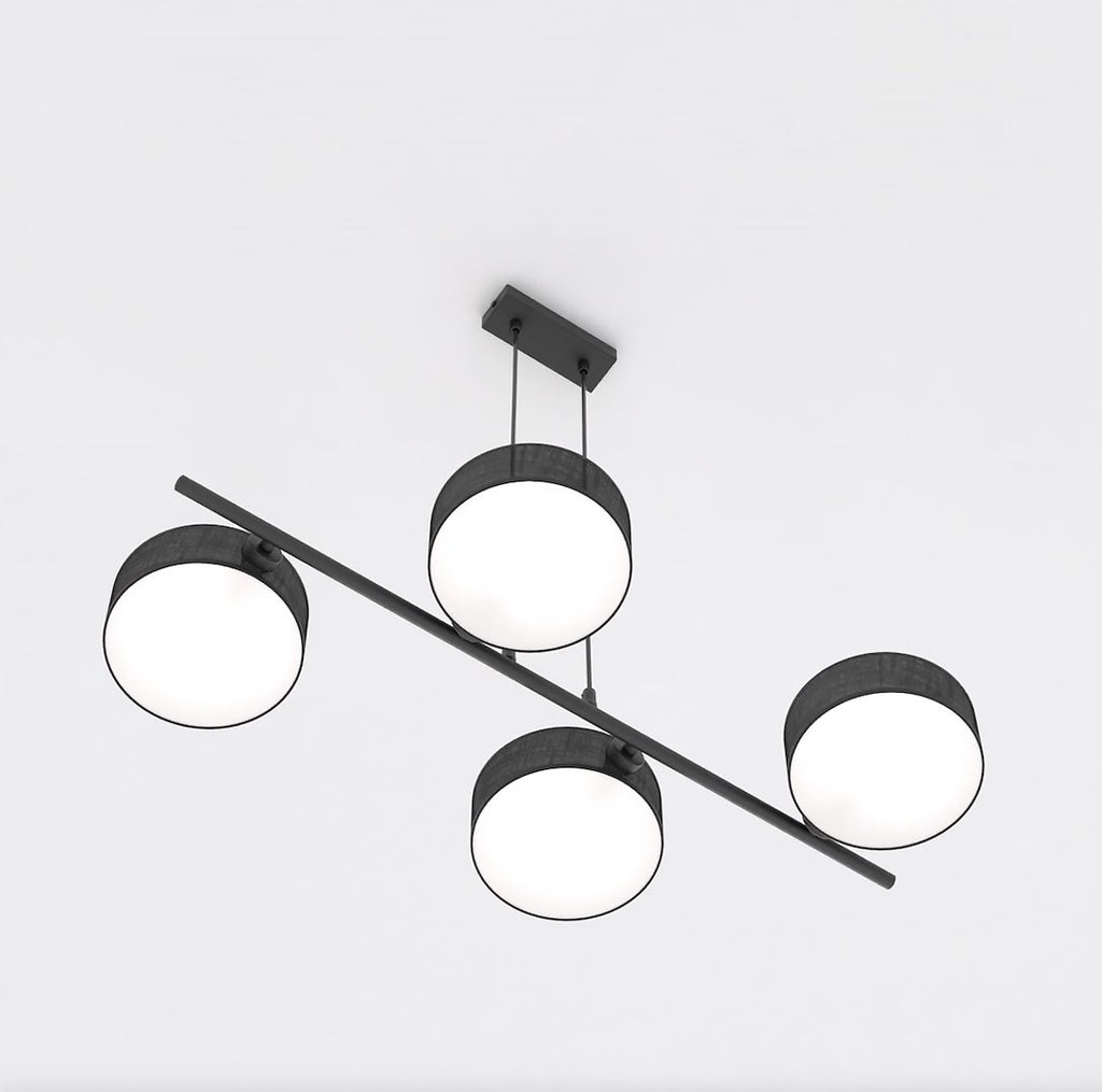Hanglamp gepoedercoat staal Japandi zwart, 4 lampen met gevlochten kappen Ø 20 cm, boven eettafel of kookeiland