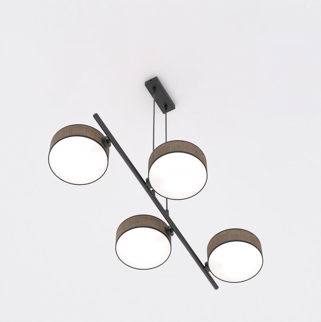 Hanglamp lineair gepoedercoat staal Japandi Drumz 4 bruin zwart, 4 kappen Ø 20 cm, eettafel en keukeneiland