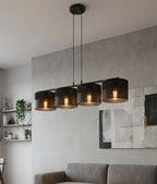 Hanglamp staal met stoffen kap Karbon, minimalistisch, zwart, 4 lichtpunten, 96 cm breed, eettafel en keukeneiland