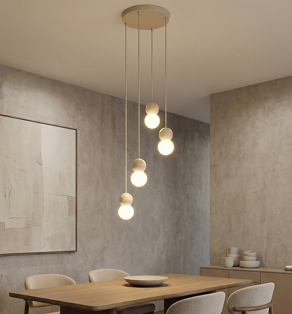 Hanglamp staal en hout Scandinavisch Loop beige, witte kappen, 4 lichts G9, verstelbare hoogte