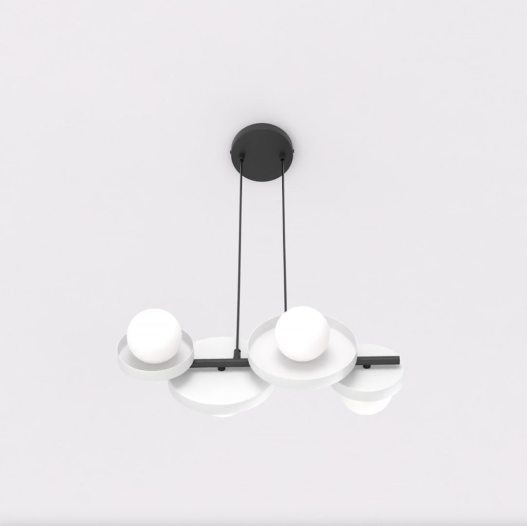 Hanglamp gepoedercoat staal minimalistisch Model 4 zwart wit, 53 x 23 x 120 cm, 4 x G9, boven eettafel