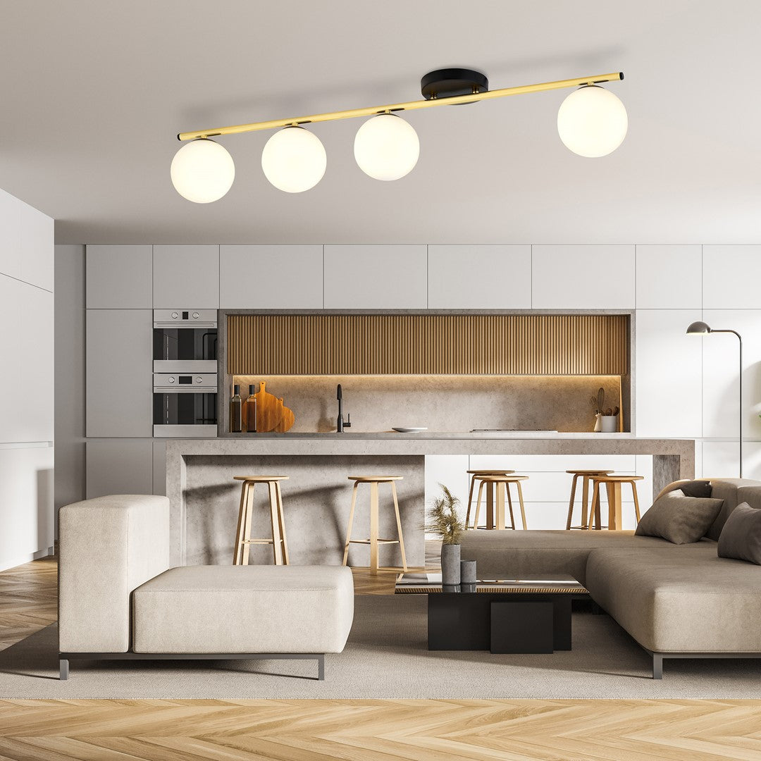 Plafondlamp gepoedercoat staal en glas Monza 4 lichts, zwart en goud met witte kappen, 100 cm