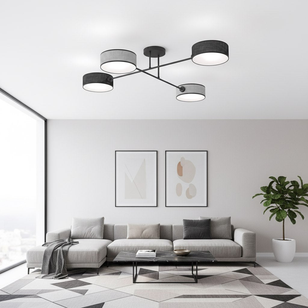 Plafondlamp gepoedercoat staal Japandi zwart en grijs, 4 lichtpunten 96 x 96 cm, voor woonkamer en slaapkamer