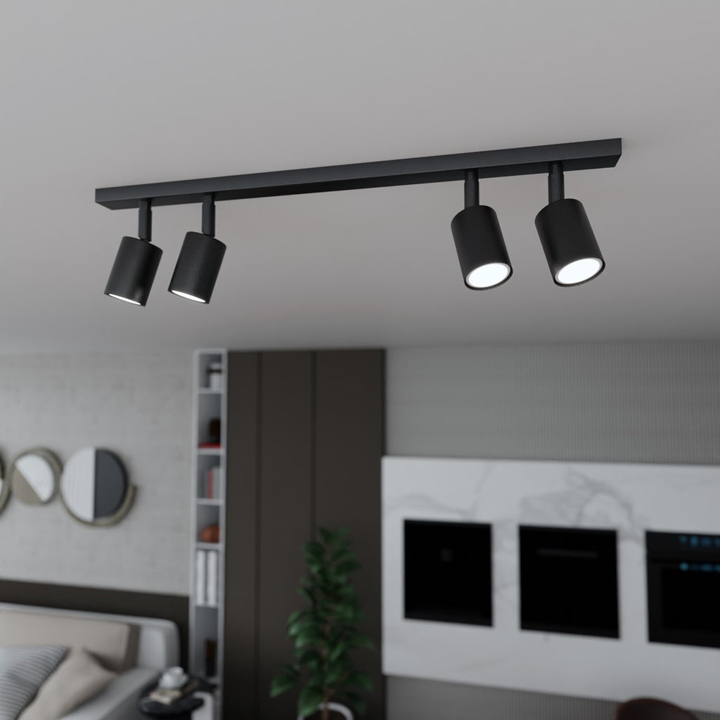 Plafondlamp staal minimalistisch Flash zwart 70 x 14 cm, 4 spots met GU10-fitting voor woonkamer, hal of kantoor