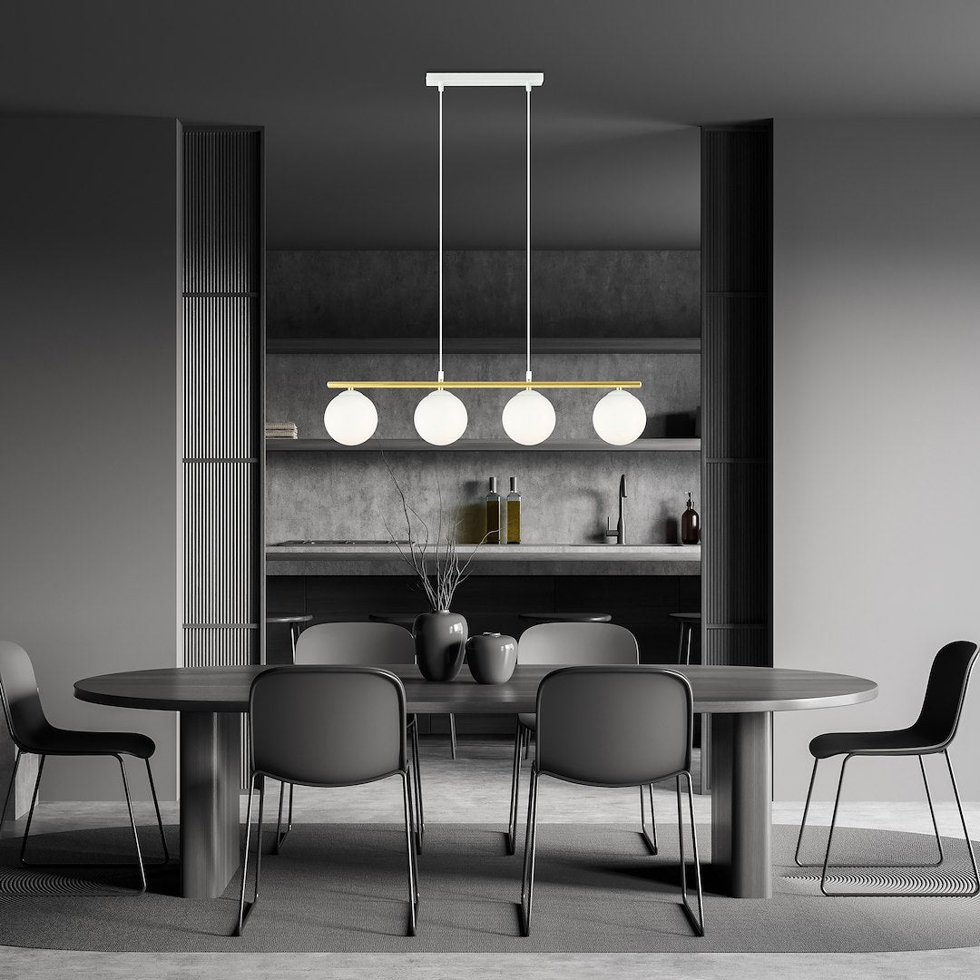 Hanglamp 4 lichts gepoedercoat staal en opaalglas, Allora, wit en goud – 85 x 100 cm, eettafel en woonkamer