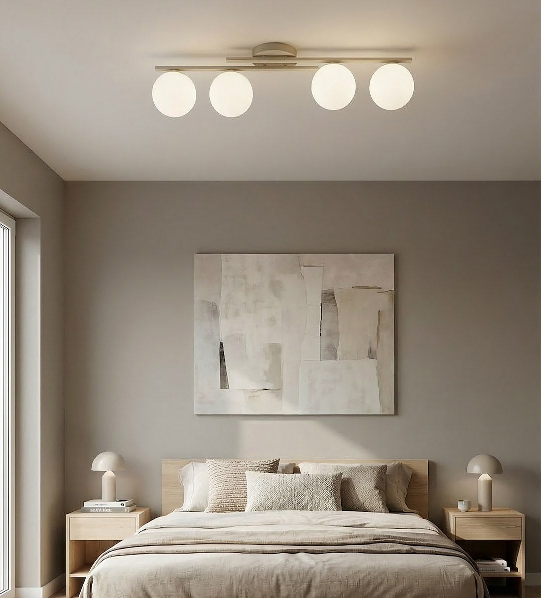 Plafondlamp gepoedercoat staal en glas Caïro beige met witte glazen bollen, 4 lichts E14 – 74 x 20 cm