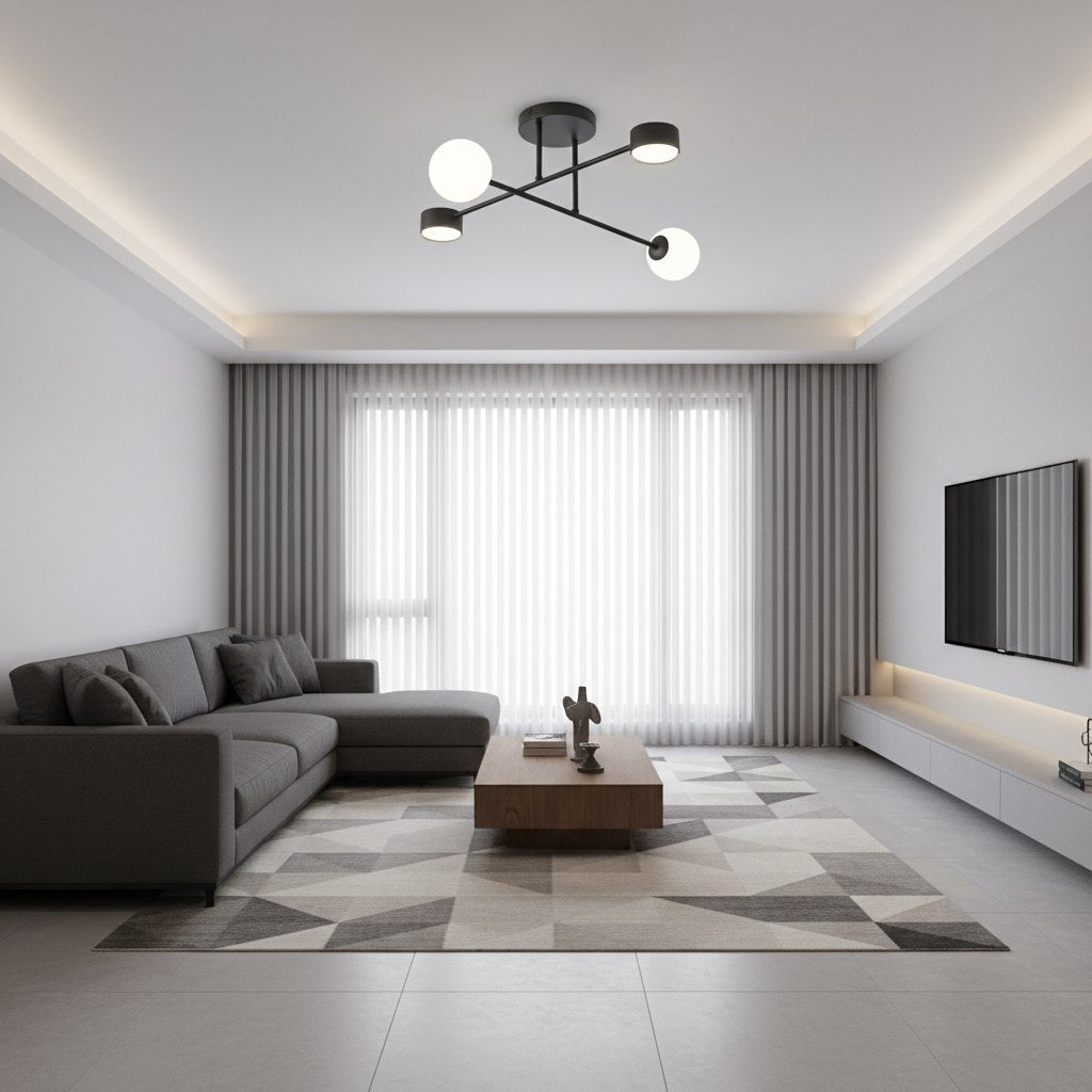 Plafondlamp staal zwart modern Holon 4 lichts, witte kappen – 64 x 64 x 23 cm, woonkamer, eetkamer en hal