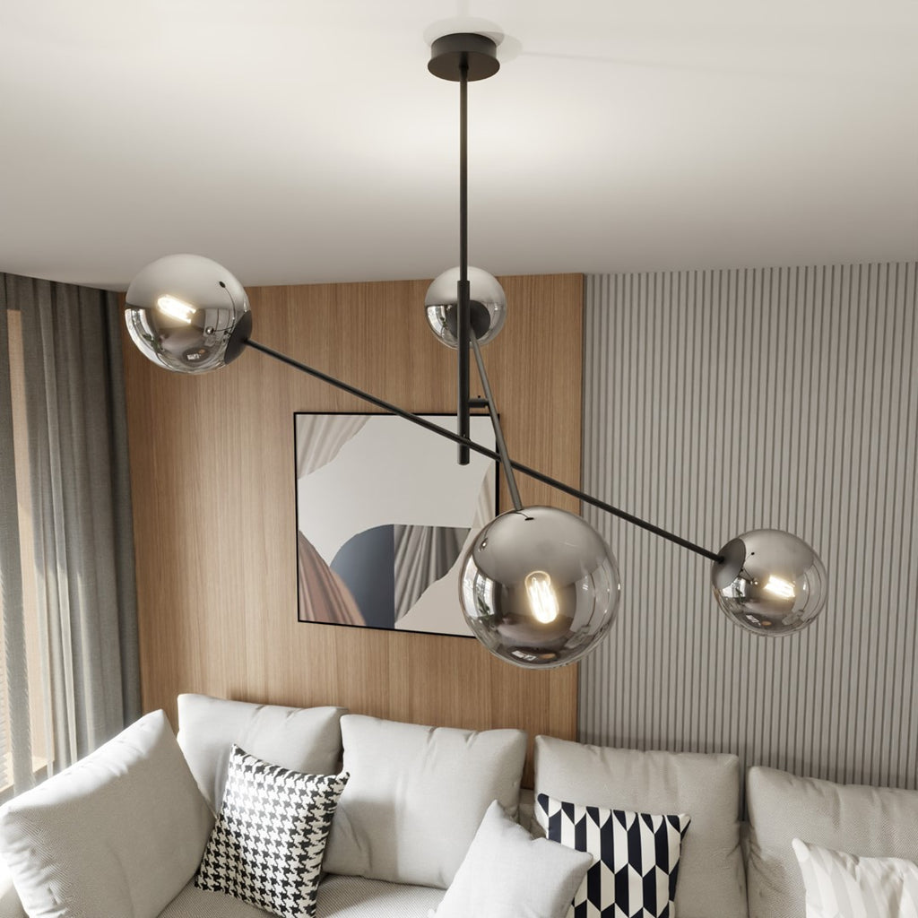 Hanglamp gepoedercoat staal en glas Linear 4 lichts, zwart/grafiet – 102 x 51 cm, boven eettafel of kookeiland