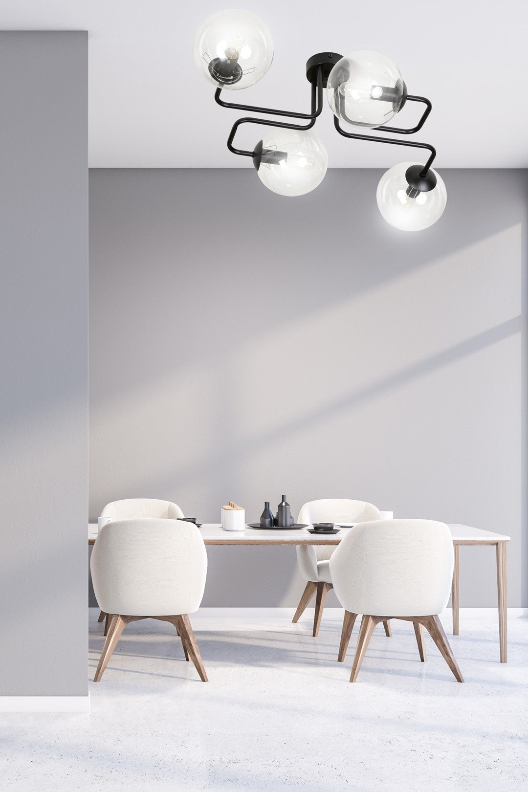 Plafondlamp gepoedercoat staal en glas Brendi 4 lichts, zwart met transparante glazen kappen, 55 x 32 cm